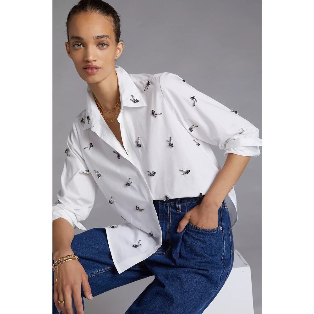 Anthropologie Dhruv Kapoor Embroidered Beaded Button-Down Shirt Size Medium